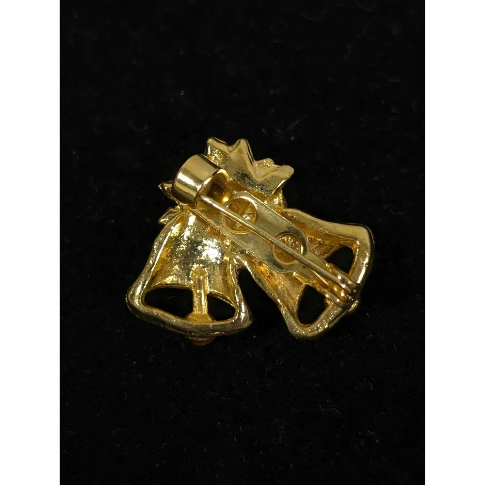 Vintage Double Bell‎ Christmas Brooch Gold Tone Holly Holiday Pin